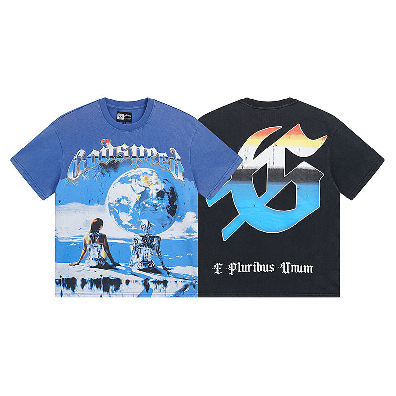 Blue & Black Street Vintage Washed T-Shirt (Crafted Print) 1005