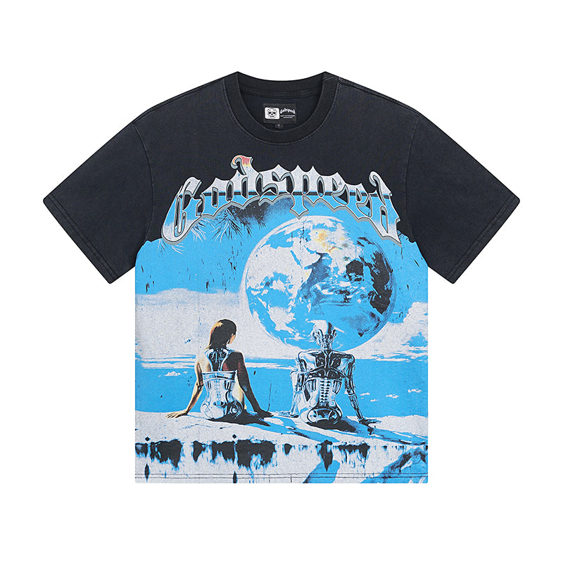 Blue & Black Street Vintage Washed T-Shirt (Crafted Print) 1005