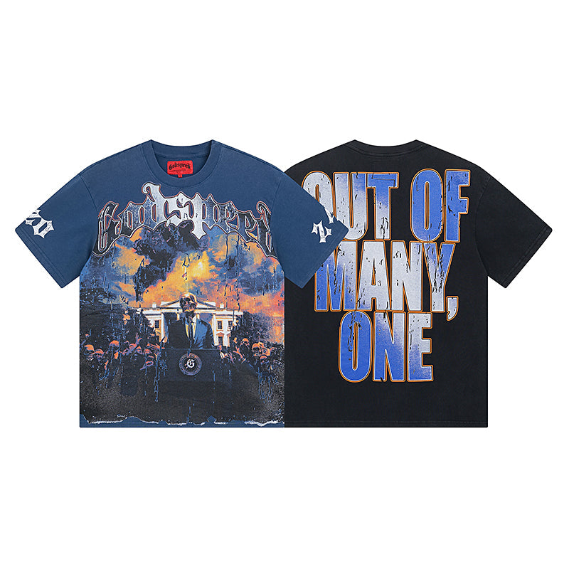 Blue & Black Street Vintage Washed T-Shirt (Crafted Print) 1010