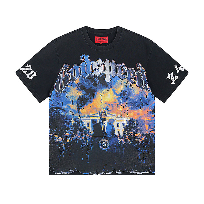 Blue & Black Street Vintage Washed T-Shirt (Crafted Print) 1010