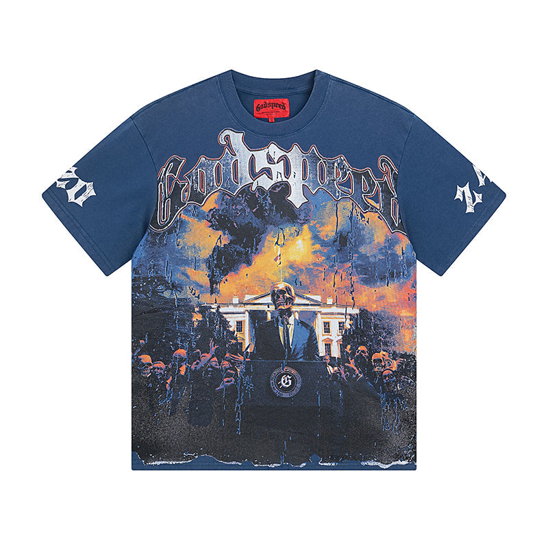 Blue & Black Street Vintage Washed T-Shirt (Crafted Print) 1010