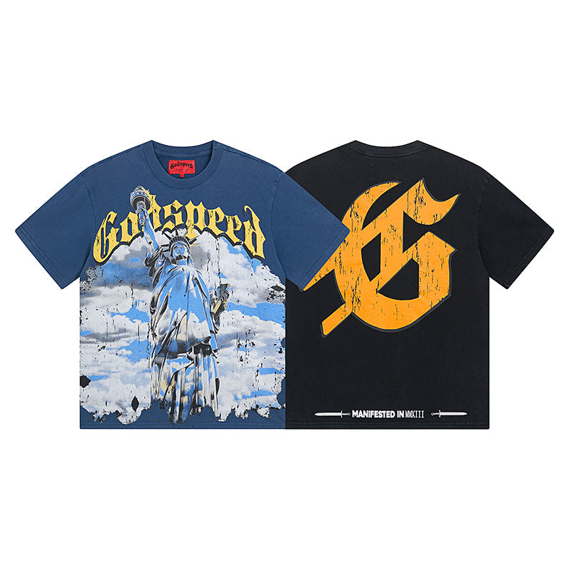 Blue & Black Street Vintage Washed T-Shirt (Crafted Print) 1015