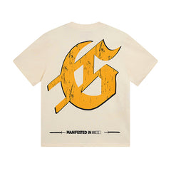 White & Beige  Street Vintage Washed T-Shirt (Crafted Print) 3015